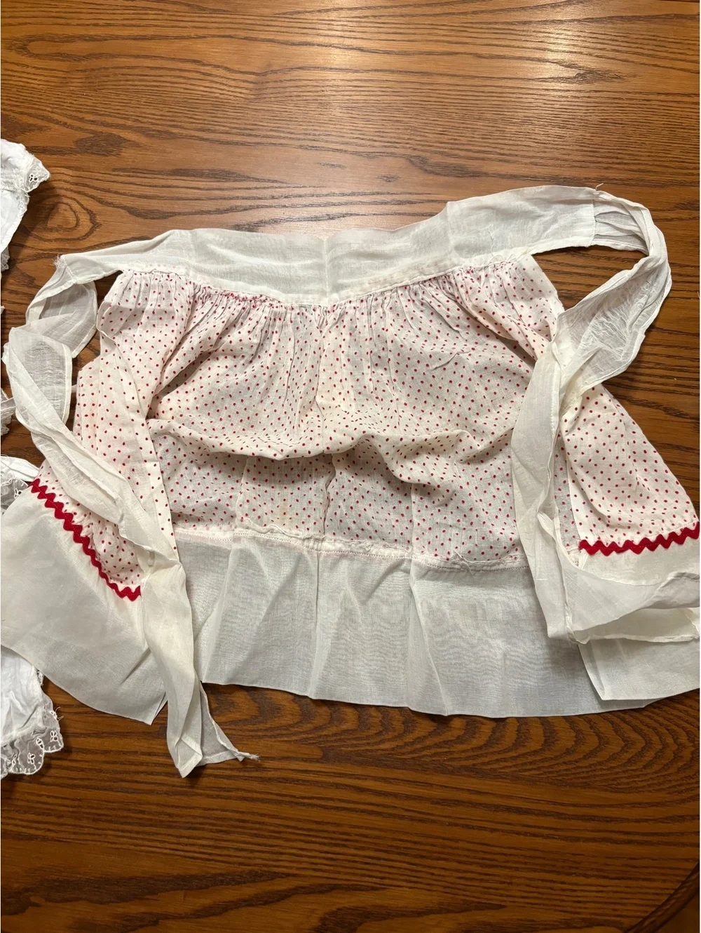 2 Vintage Child-Size Aprons - White Eyelet Pinafore & Red Polka Dot 1/2 Apron
